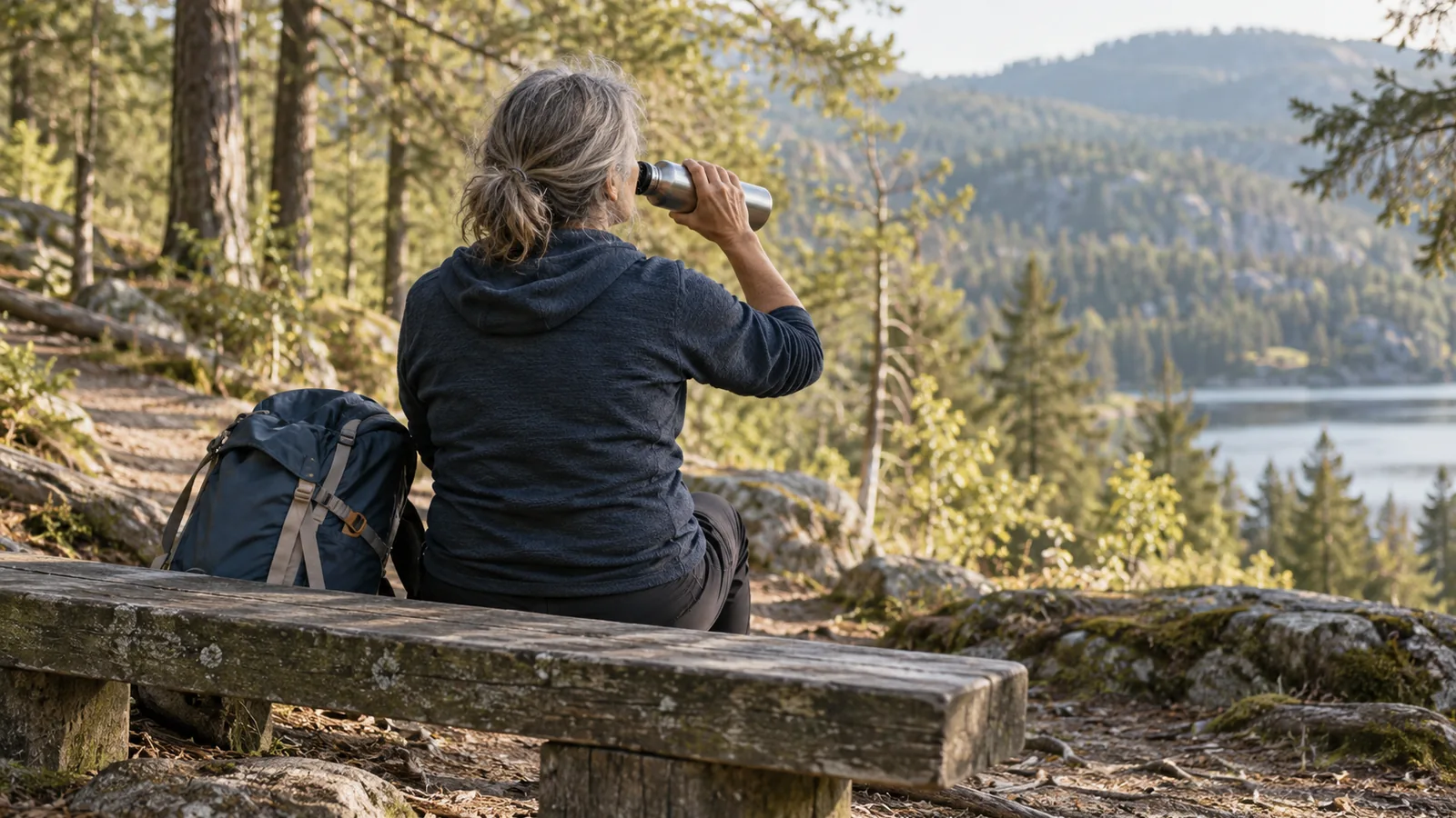 Une personne d'une cinquantaine d'années assise de dos sur un banc en bois au bord d'un chemin forestier, qui boit à une gourde en inox après un effort sportif, lumière douce du matin, aucun visage visible
